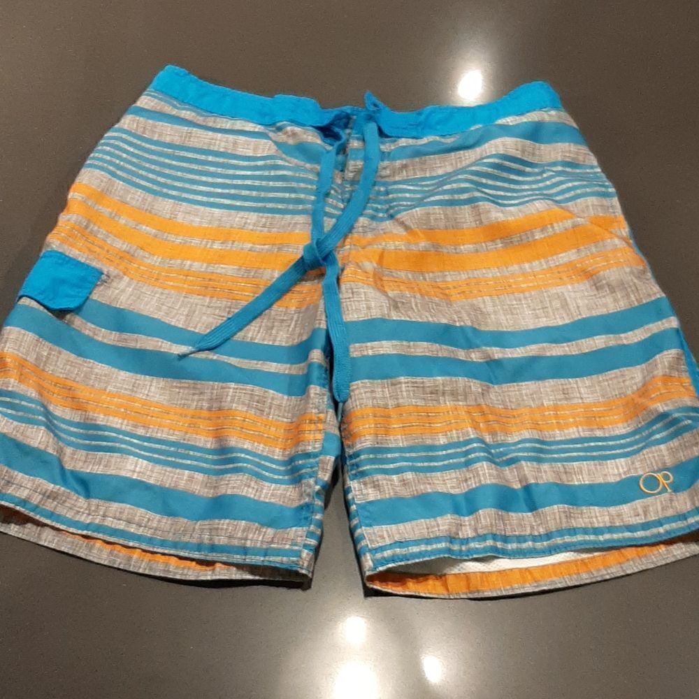 OP Blue Orange and Gray Fully Lined Swim Trunks with Drawstring